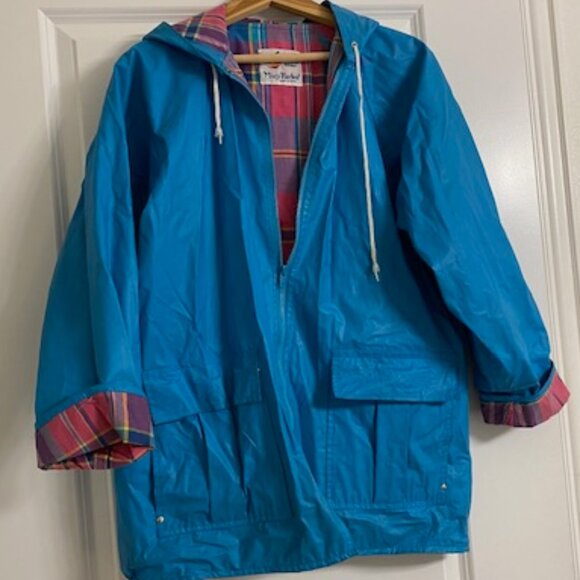 Misty Harbor Jackets & Blazers - MISTY HARBOR * Bright TURQUOISE RAIN SLICKER Coat w HOOD ~ PINK PLAID LINING * M